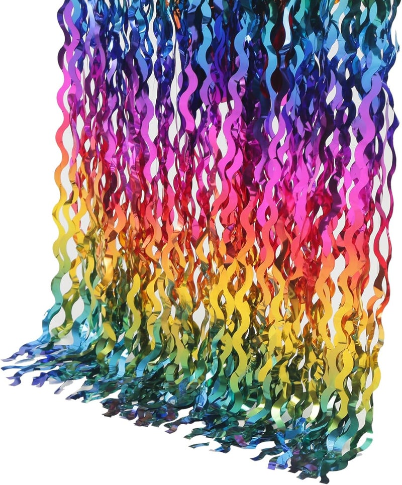 KEEUH 4 Pack Wavy Rainbow Foil Fringe Curtain | 3.3x6.6ft Colorful Tinsel Metallic Streamers Holiday Photo Booth Props Backdrop for Engagement Bridal Shower Unicorn Party Decorations - Image 5